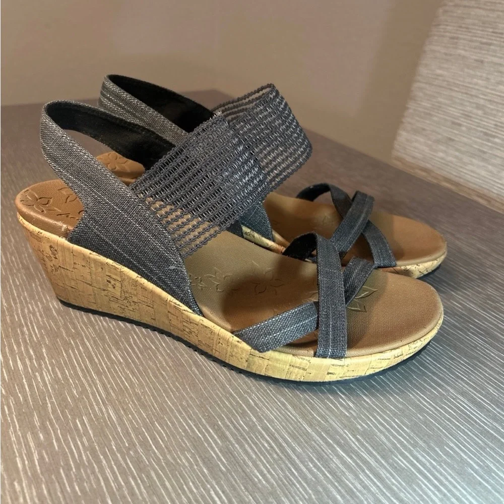 Skechers Black and Tan Wedge‎ Sandals with Stretch Fabric